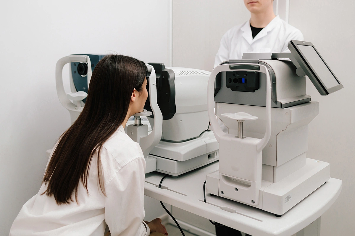 A detailed vision test being conducted on a patient