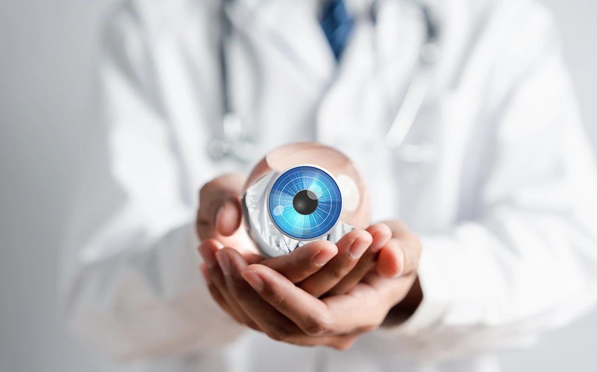 A doctor holding a model of an eye.