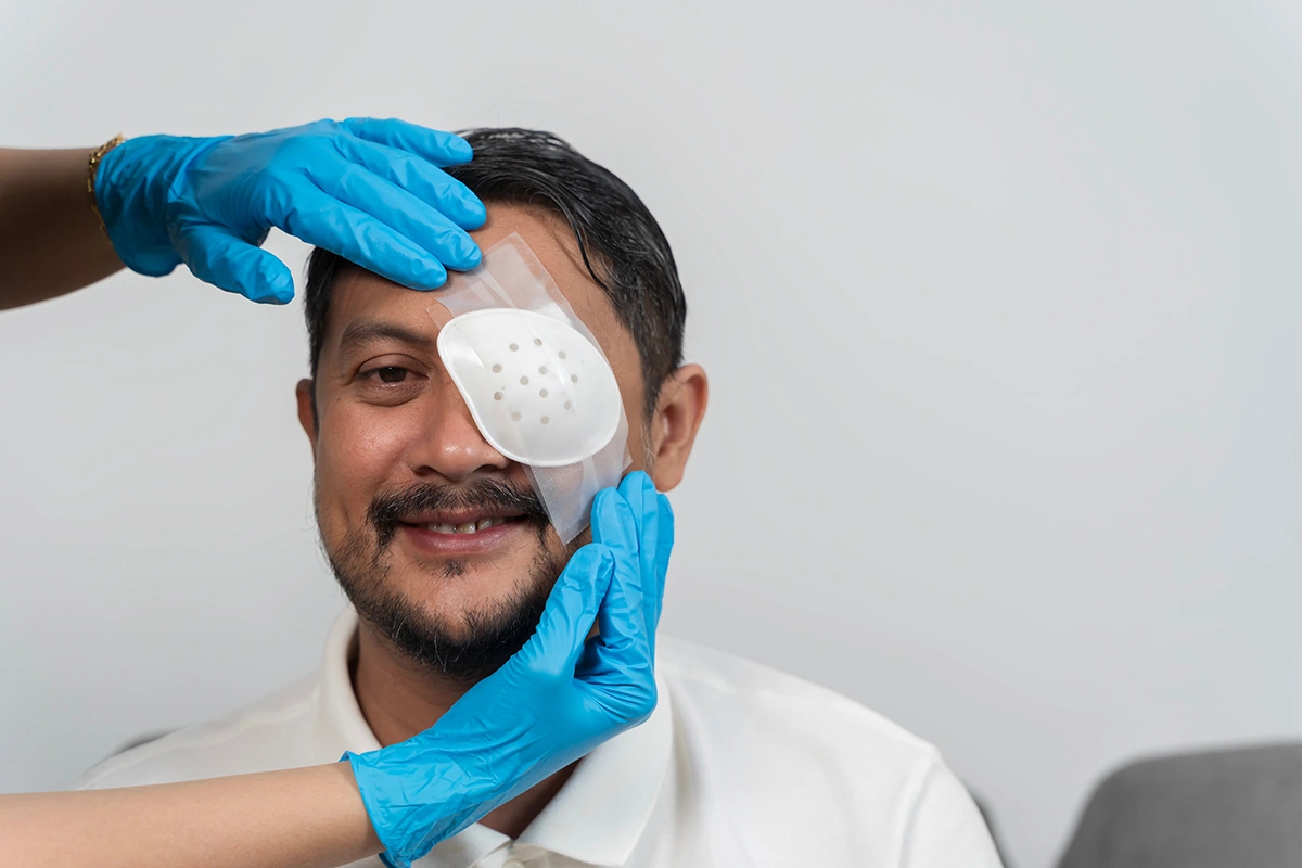 A man recovering after an eye surgery.